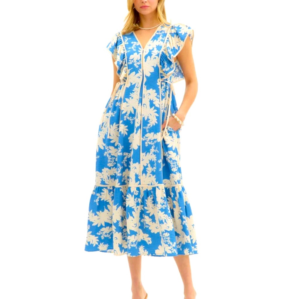 Entro Blue and Cream Floral Midi Dress